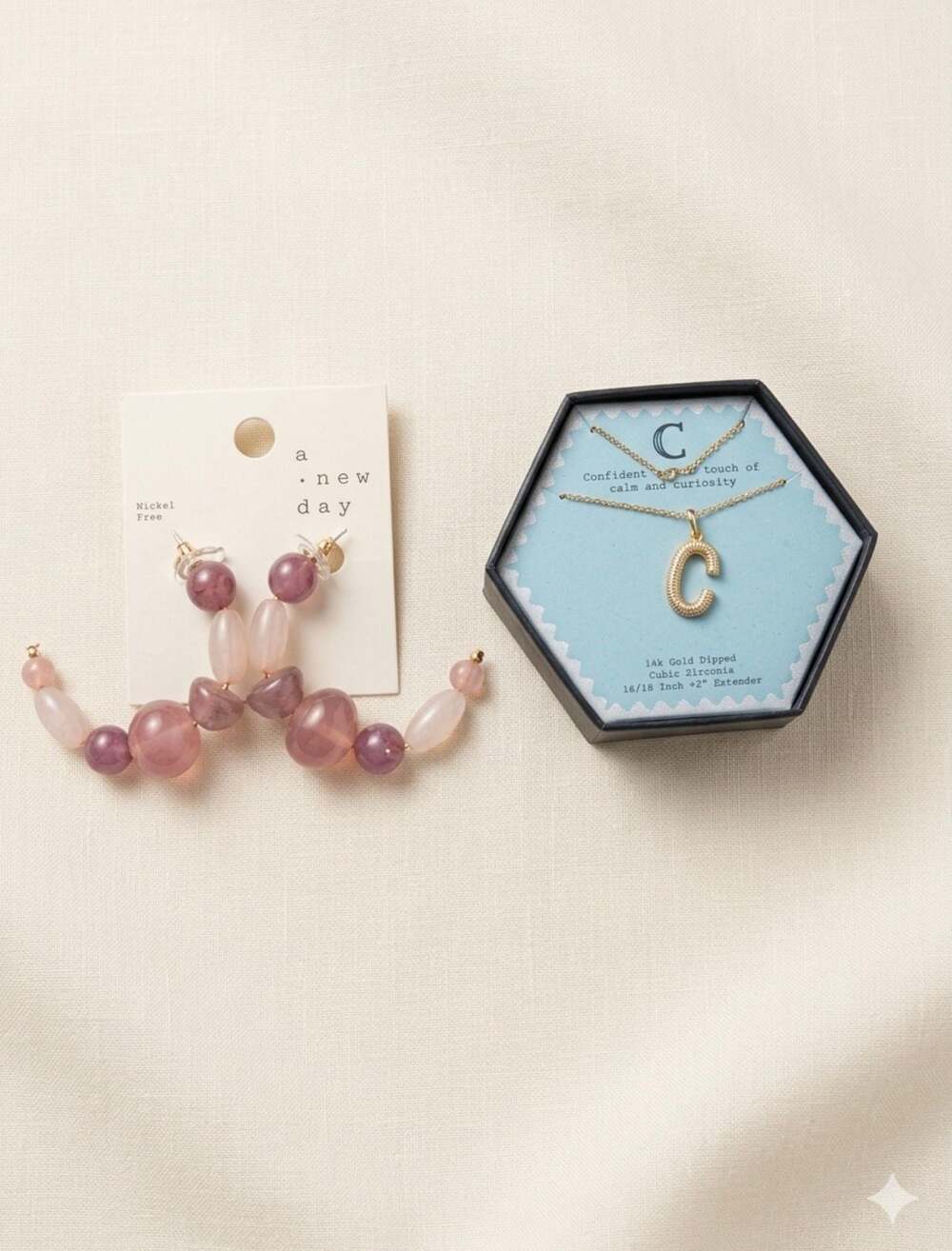 A New Day 14K Gold Dipped Initial C Necklace and Beaded Hoop Earrings Set